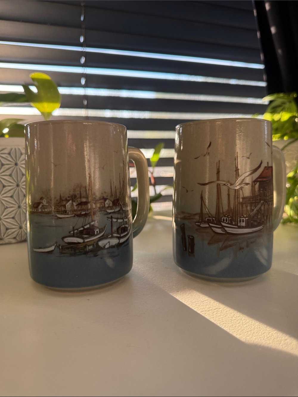 Otagiri Nautical Mug Set Vintage Coastal Harbor Ceramic Coffee Blue and Cream